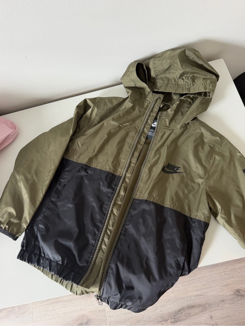 Nike Kids Olive Green and Black Hooded Rain Jacket